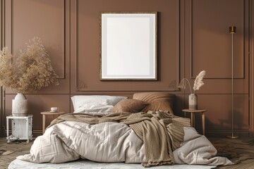 Mockup poster frame in luxury bedroom interior, 3d render, Umber background