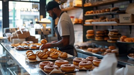 Freshly baked undecorated donuts on a table in a store window. In the background, a dark-skinned young male baker decorates donuts. National Donut Day