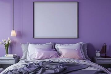 Mockup poster frame in luxury bedroom interior, 3d render, Violet background