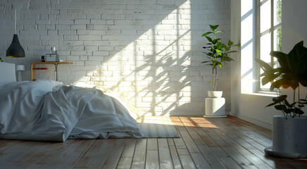 modern bedroom, sunlight coming from the right of the room