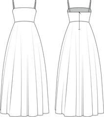 sleveless square neck shoulder spaghetti straps strapped strappy  fit and flared midi  long maxi gown wedding dress template technical drawing flat sketch cad mockup fashion woman design style model