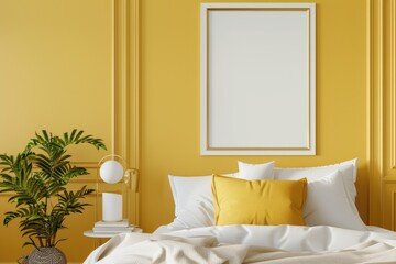 Mockup poster frame in luxury bedroom interior, 3d render, Yellow background