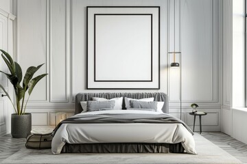 Mockup poster frame in luxury bedroom interior, 3d render, White background
