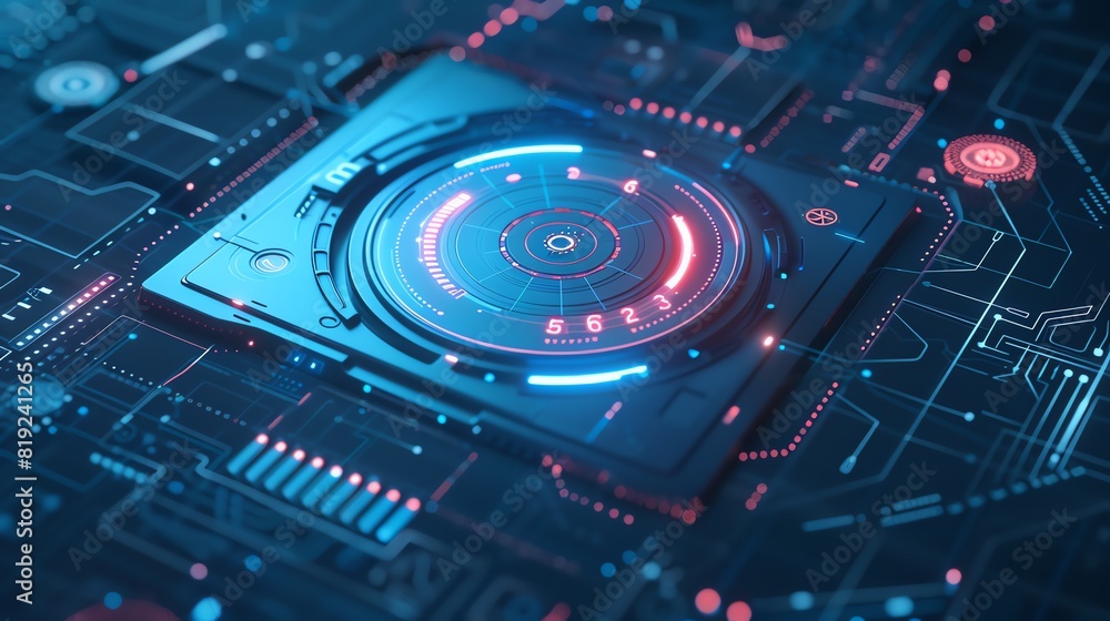 Aufkleber futuristic microchip with glowing blue lights on a high-tech circuit board, representing advanced te