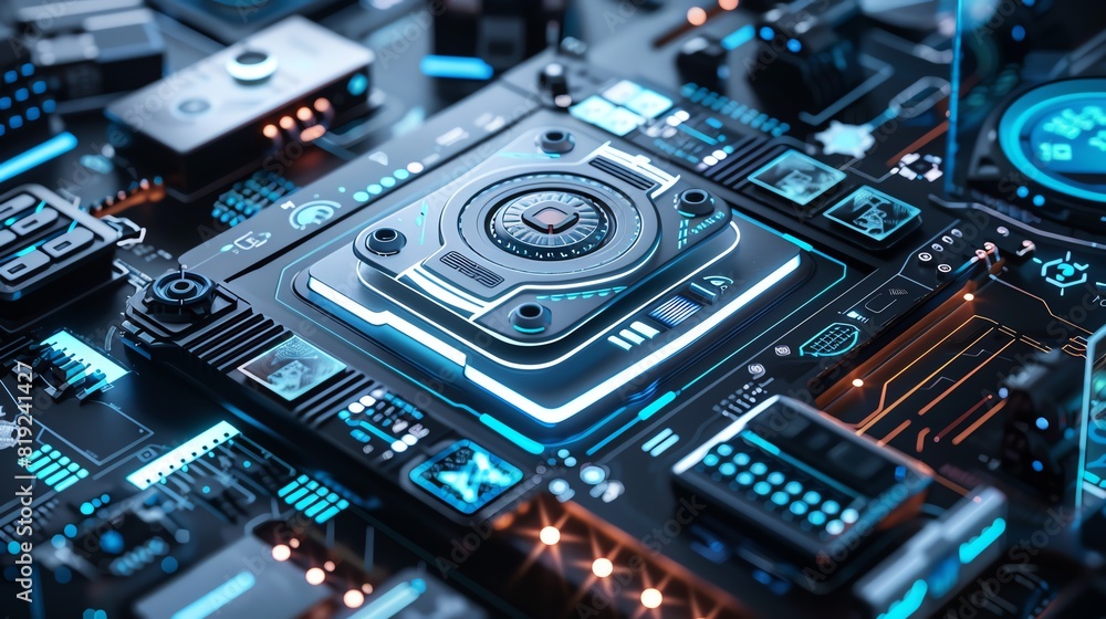 Poster futuristic microchip with glowing blue lights on a high-tech circuit board, representing advanced te