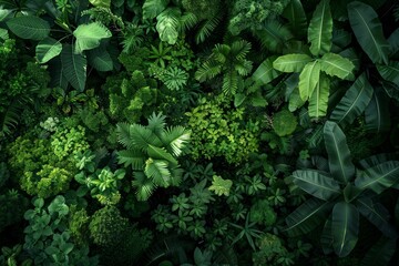 A birds eye view of a lush green forest filled with an abundance of leaves creating a vibrant tapestry on the forest floor