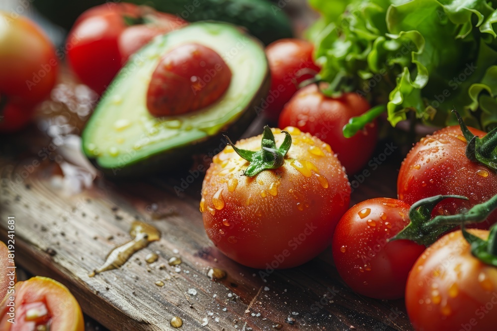 Wall mural ripe tomatoes, avocado, and lettuce displayed on a rustic cutting board