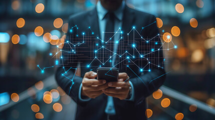 A man is holding a cell phone in front of a computer screen that has a lot of li