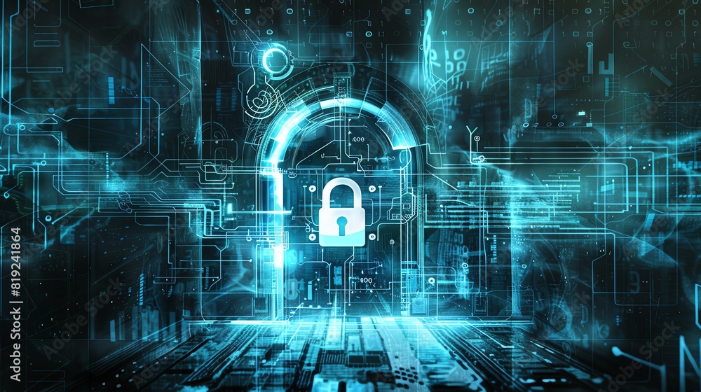 Poster digital padlock with secure data concept, featuring a glowing lock icon surrounded by a modern, high