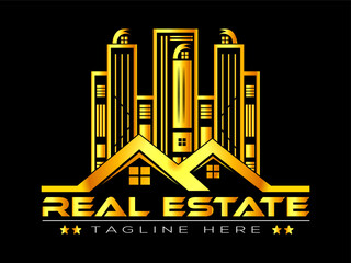 Real estate logo template with golden color. Real estate icon logo design template. Vector Illustration-