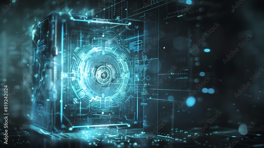 Poster futuristic digital vault concept with glowing blue interface and matrix grids, symbolizing advanced 