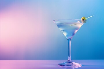 Closeup of a classic Martini glass filled with a clear cocktail topped with a single olive