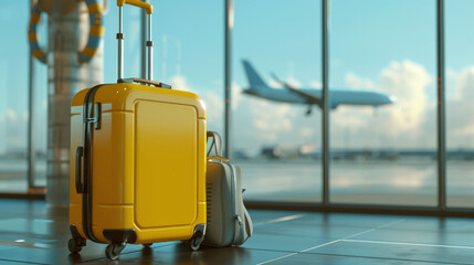 A yellow suitcase and a gray backpack are next to each other on the airport floor, with an airplane in flight outside 