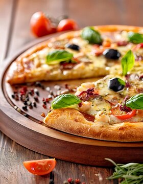 DELICIOSA PIZZA ITALIANA CORTADA EM FATIAS EM MESA DE MADEIRA R&Uacute;STICA EM UM CONCEITO DE DIA DE PIZZA