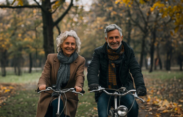 Happy mature couple riding bicycles in park