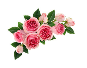 Pink rose flowers and buds in a festive corner floral arrangement isolated on white or transparent background