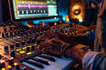 A man works on a sound board in a recording studio, adjusting settings with focused concentration