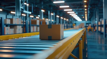 Modern Delivery Logistics Warehouse with Working Automated Conveyor Belt with Retail Parcels, Cardboard Boxes