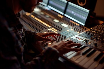 A man sits in front of a mixing desk, delicately adjusting controls as he works on creating music