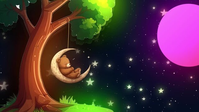 Beautiful Cute Baby Beer Sleeping On Moon And Stars Are Moving In The Sky Cartoon 2d Animation, Cute Little Baby Beer Sleeping On The Moon And Hanging With Tree. Cute Little Beer Baby Dreaming 2d Anim