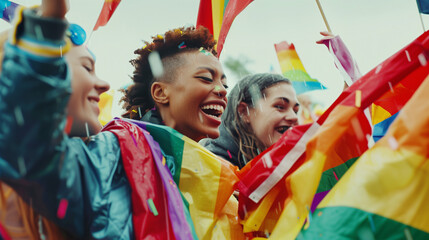Fototapeta premium A joyous scene as friends draped in rainbow flags laugh and dance in the rain, undeterred by the weather, celebrating their identity and the freedom to express it