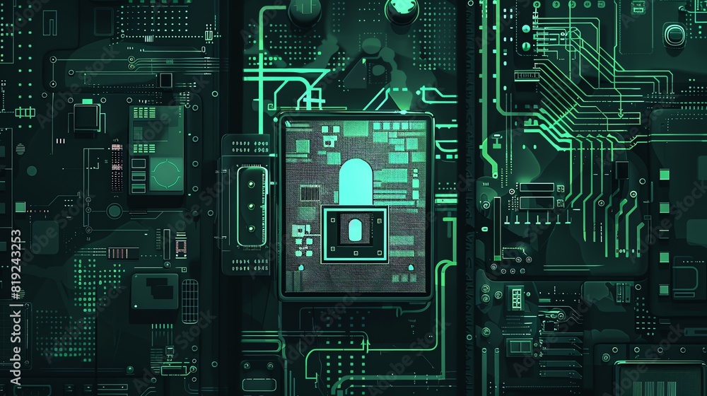 Poster futuristic circuit board with secure lock icon representing cybersecurity, data protection, and tech