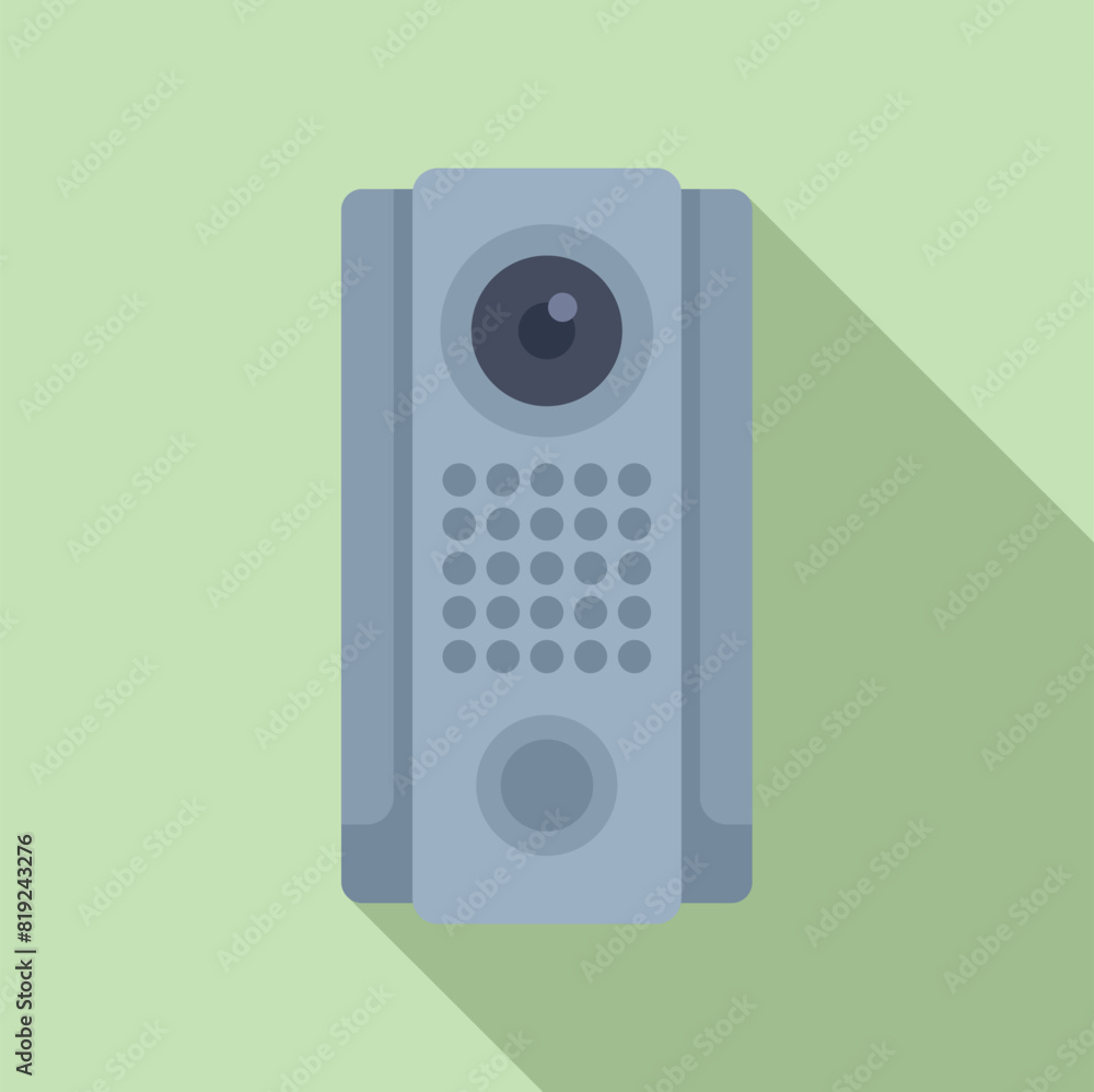 Poster flat design illustration of a sleek, digital intercom device with long shadow on a pastel green back