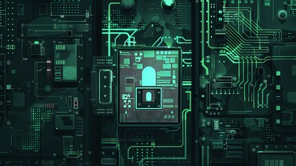 Fototapeta premium Futuristic circuit board with secure lock icon representing cybersecurity, data protection, and technology. Green color scheme.