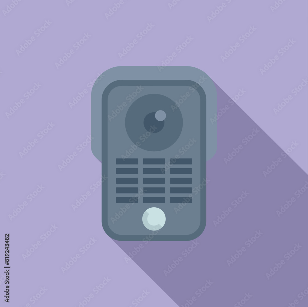 Poster flat design vector of a stylish intercom on a purple background, depicting modern home security