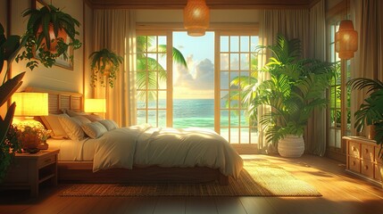   A room with a seashore outlook and a white duvet cover on a wooden base