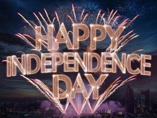 Happy Independence Day Fireworks Celebration Over City Skyline