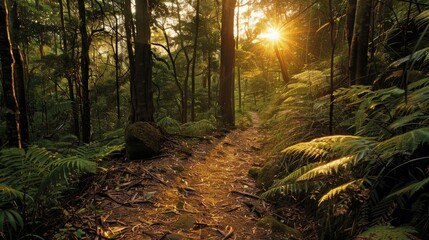 Sunlit forest path at dawn