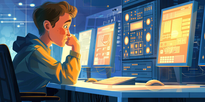 A programmer sits in awe before their newly built supercomputer, humming with immense computational power and potential. 