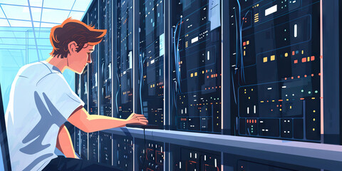 A programmer sits in awe before their newly built supercomputer, humming with immense computational power and potential. 