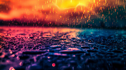 Raindrops falling on the colorful surface.