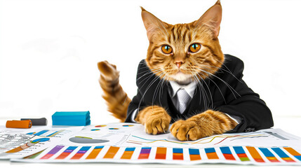 A cat wearing a suit and tie is sitting at a desk, looking over some financial reports.