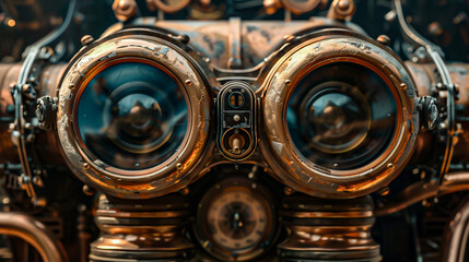 Retrofuturistic steampunk style image of a fictional device with a pair of blue glowing lenses