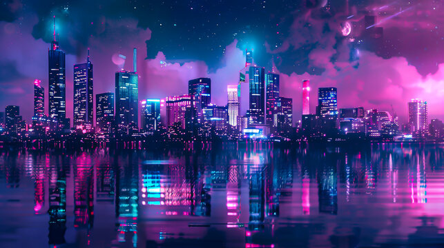 Fototapeta A beautiful landscape of a cyberpunk city at night. The city is full of tall buildings and bright lights. The sky is dark and cloudy.