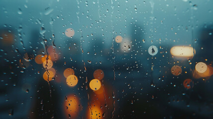 Raindrops on the window with blurred city lights in the background.