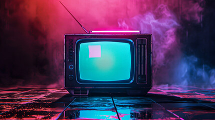 A retro television set with a blank screen sits on a reflective surface in a room filled with colorful smoke.