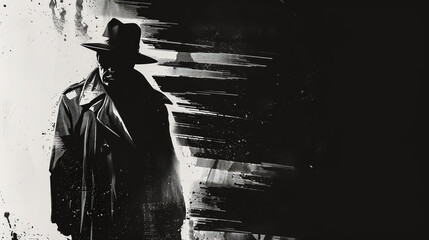 A black and white image of a man wearing a hat and coat walking down a dark alley.