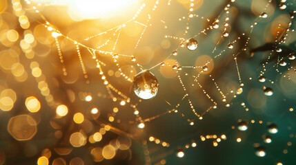 The image is a close-up of a spider web with morning dew on it. The web is glistening in the sunlight.