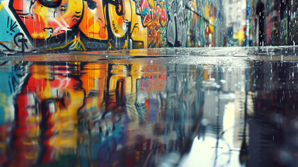 Reflection of colorful graffiti on the wet asphalt