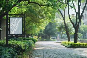 An empty street with a sign positioned in the center, showcasing a university campus poster mockup for ZODge in a tranquil setting