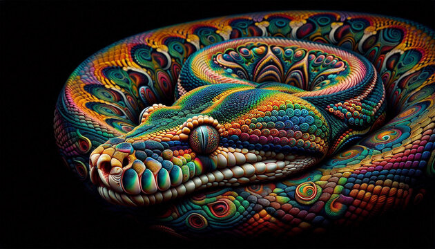 Abstract Colorful Cobra snake with a black background artwork anaconda 	