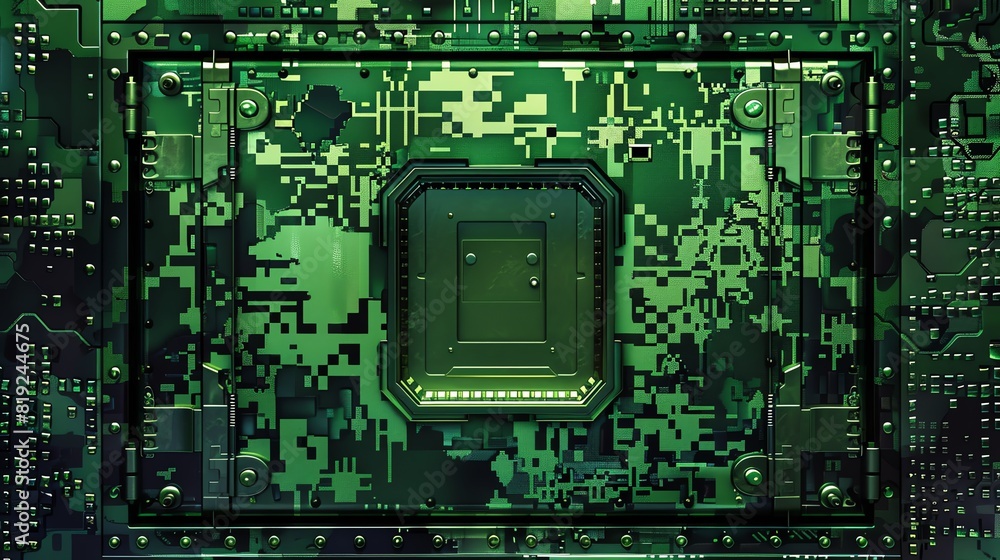 Poster close-up view of a green printed circuit board with intricate patterns and microchip sockets, repres