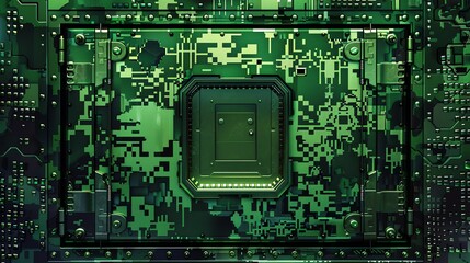 Fototapeta premium Close-up view of a green printed circuit board with intricate patterns and microchip sockets, representing complex technology and connectivity.