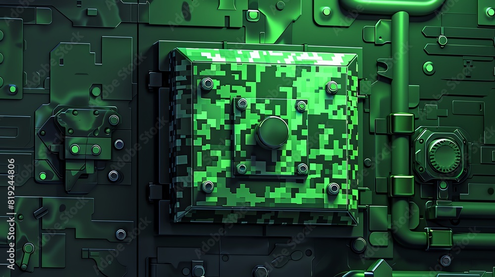 Poster futuristic green digital circuit panel with illuminated components and detailed textures, showcasing