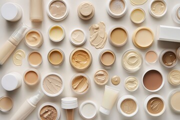 Various types of makeup products like foundation, concealer, and moisturizer neatly arranged on a table