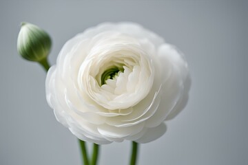 A close-up photo of a white Ranunculus with blurred background  , White flower background